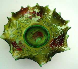 Antique Northwood Green Lightning Ruffled Bowl Goofus Glass Early 1900 Apg