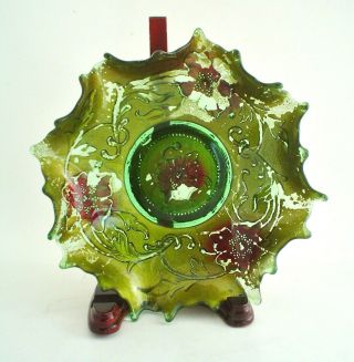 Antique Northwood Green Lightning Ruffled Bowl Goofus Glass Early 1900 APG 4