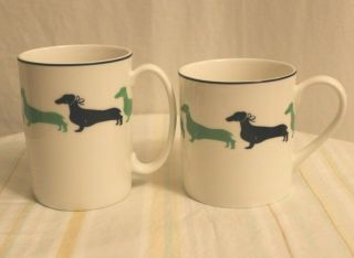 Lenox Kate Spade Wickford Dachshund Dog Navy Blue Green Set Of 2 Coffee Cup Mugs