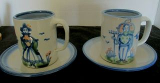 M A Hadley Art Pottery Two Coffee Mugs W/ Saucers Farmers