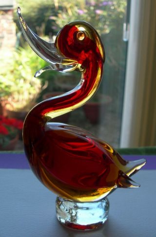 Vintage 7 " Murano Ruby Gold Sommerso Uranium Glass Duck Exotic Bird Figure