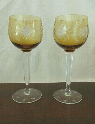 Amber Tall Wine Crystal Blown Glass Etched With Flowers And Stars 7.  50 " X 2.  75 "
