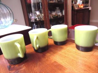 Vintage Fire King Anchor Hocking Green & Black Stackable Coffee Cups,  Set Of 4