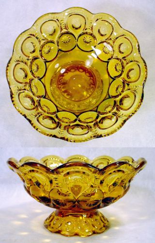 Vintage L E Smith Yellow Amber Glass Moon & Stars Footed Candy Dish Compote Bowl