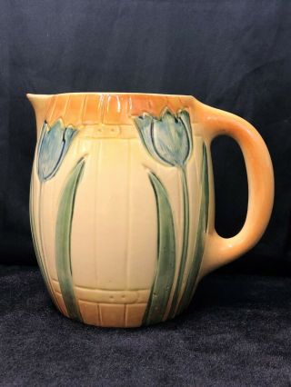 Roseville Pottery Milk Pitcher Hand Painted Tulips Barrel Pattern Early Pre - 1916