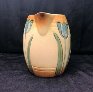 Roseville Pottery Milk Pitcher Hand Painted Tulips Barrel Pattern Early Pre - 1916 2