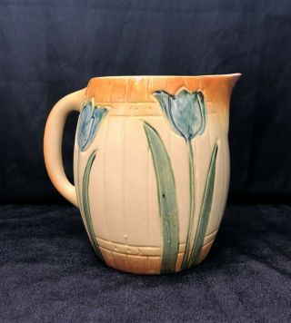 Roseville Pottery Milk Pitcher Hand Painted Tulips Barrel Pattern Early Pre - 1916 3