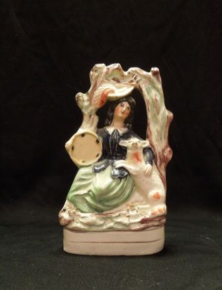 Antique Staffordshire Figure 7 " Lady With Dog And Tambourine Ca.  Mid 19th Cent.