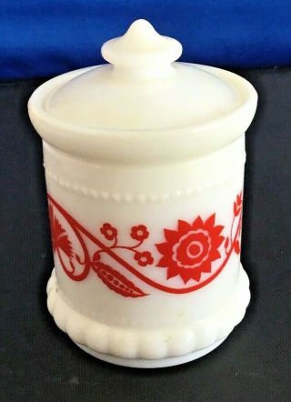 Vintage Hazel Atlas Milk Glass Sweet Pea/sunflower Jar W/lid Red And White