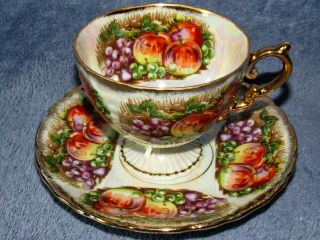 Vintage Fan Crest China Tea Cup & Saucer 7295 Grapes Plums Pearl Luster