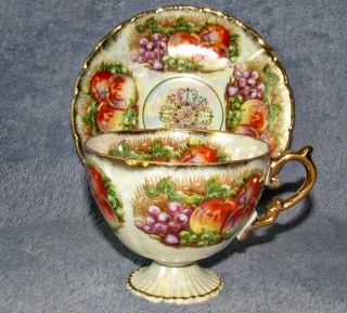 Vintage Fan Crest China Tea Cup & Saucer 7295 Grapes Plums Pearl Luster 2
