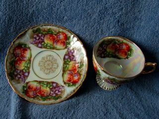 Vintage Fan Crest China Tea Cup & Saucer 7295 Grapes Plums Pearl Luster 5