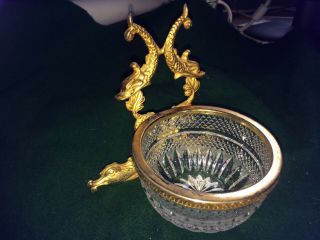 Cut - Glass Bowl Dish Mounted In Ormoulu With Dolphins In Handle & Foot