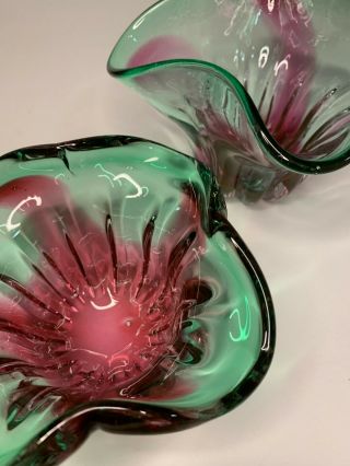 2 Hand Blown Studio Art Glass Bowl Artist Signed Pink And Green Swirl
