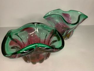 2 Hand Blown Studio Art Glass Bowl Artist Signed Pink and Green Swirl 2