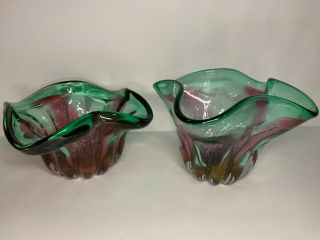 2 Hand Blown Studio Art Glass Bowl Artist Signed Pink and Green Swirl 3