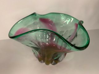2 Hand Blown Studio Art Glass Bowl Artist Signed Pink and Green Swirl 4