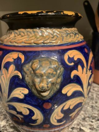 Artistica Made In Italy Pottery Vase Jar Hand Painted Lion Head Vintage? Rare 2