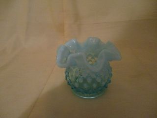 Fenton Glass Blue Opalescent Hobnail 3 " Vase With Ruffled Top