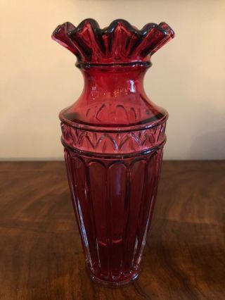 Vintage Ruffled Cranberry Glass Vase 8 " Tall Ruffled Red Glass