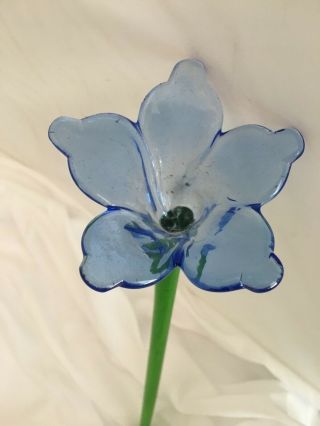 11 In.  Green Stem Hand - Blown Blue Art Glass Flower Morano Style
