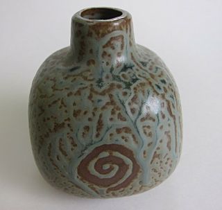 Vtg Mid Century Stoneware Weed Pot Bud Vase Spiral Textured Brown Gray Earthtone