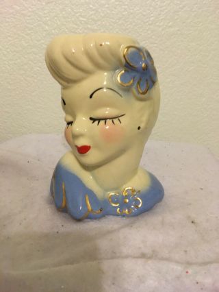 Vintage Glamour Girl Ivory Lady Head Vase/planter Gold Trim Blue Flowers Large