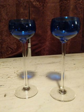 Set 2 / Pair Crystal Long Stem Darkish Blue Cordial Glasses