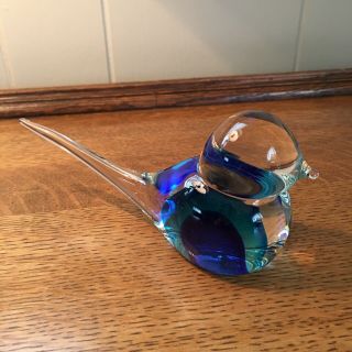 Murano Hand Blown Turquoise Blue Clear Glass Blue Bird Long Tail Paperweight