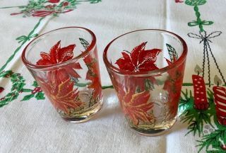 Vintage Christmas Glassware 2 Oz Clear Shot Glasses Poinsettias Greens Gold Usa