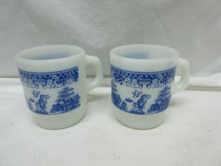 2 Vintage Anchor Hocking Fire - King Blue & White Asian Oriental Stackable Cups