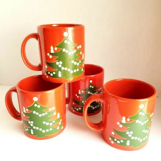 Set Of 4 Waechtersbach Christmas Tree Mugs Germany Red Vintage Minor Defects
