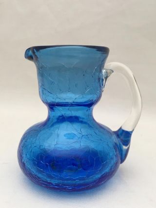 Vintage Blue Crackle Art Glass Pitcher / Vase 3.  5 "