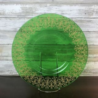 Vintage Emerald Green Glass 12 " Plate Serving Gold Scrollwork Edges Rim