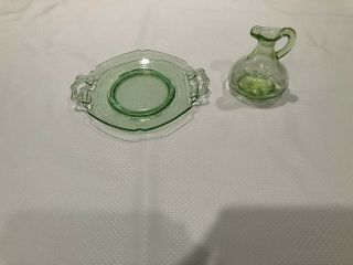 Pretty Vintage Green Depression Glass Antique Small Tray And Cruet