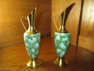 Vintage Mid Century Hand Painted Delftware Brass Vase Pitcher Portugal Art Deco