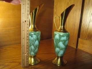Vintage Mid Century Hand Painted Delftware Brass Vase Pitcher Portugal Art Deco 2