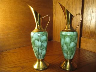 Vintage Mid Century Hand Painted Delftware Brass Vase Pitcher Portugal Art Deco 3
