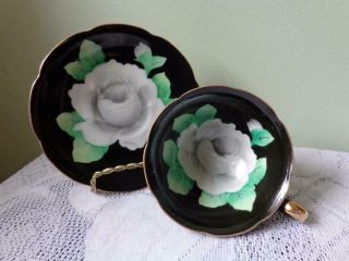 Japan Handpainted Black With Large White Rose Wide Mouth Cup & Saucer