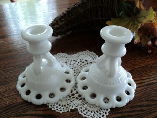 Westmoreland White Milk Glass Doric Lace Edge Candle Holders Pair Marked