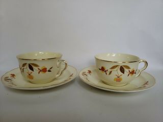 2 Hall Autumn Leaf Jewel Tea Coffee Cup W/ Saucer Set Vintage Mary Dunbar
