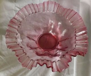 Vintage Fenton Cranberry Diamond Optic Centerpiece Crimped Glass Fruit Bowl 10 "