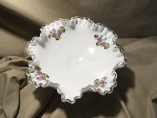 Vintage Fenton White Glass Hand Painted Violets Clear Scalloped Edge Basket/bowl