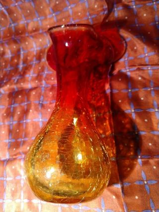 Vintage Blenko Art Glass Amberina Crackle Vase Orange Yellow Red
