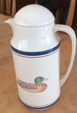 Corning Duck Mallard Plastic Thermos Thermal Carafe With Lid Beige Blue