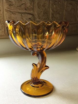 Vintage Amber Flower Leaf Base Glass Compote Footed Candy Dish Bowl