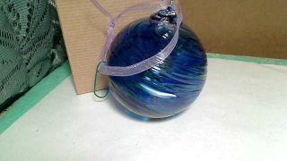 Hand Blown Blue Swirl Art Glass 3.  5 " Ball Christmas Ornament