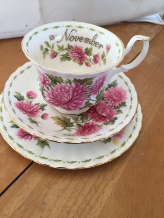 Royal Albert Crown China Cup,  Saucer And Plate Flower Of The Month November