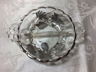 " Fostoria " Early Century Handled Open Relish Tray W/silver Inlay Glass