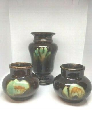 Vintage Belgium Drip Glaze Vase Art Pottery - Set Of 3 - Brown